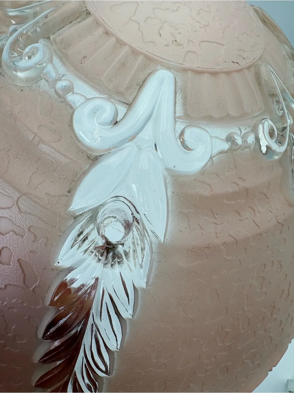 Vintage Art Nouveau Pink Art Glass Light Fixture with White Relief Accents - Picture 7 of 11